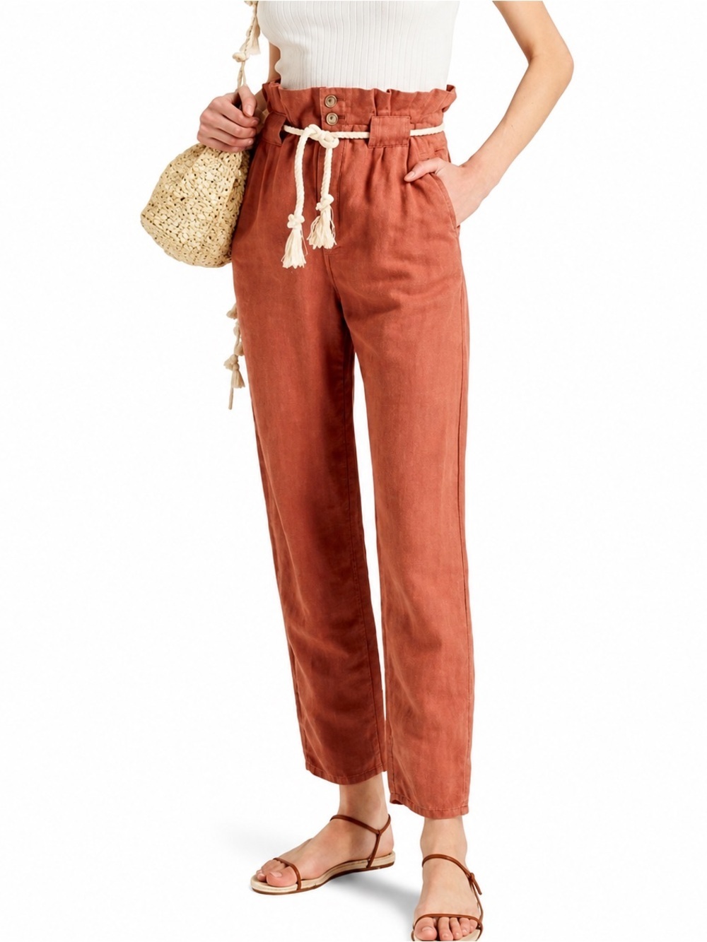 Veronica Beard Jeans Karter Pleated Crop Cotton/Linen Pants in Mocha Size 10